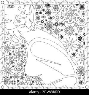 Illustrazione della pagina di colorazione in formato quadrato per Adults, Face and Body of Girl and Flower Design Illustrazione Vettoriale