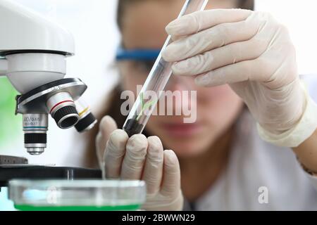 Donna in laboratorio guarda il terreno con germogli Foto Stock