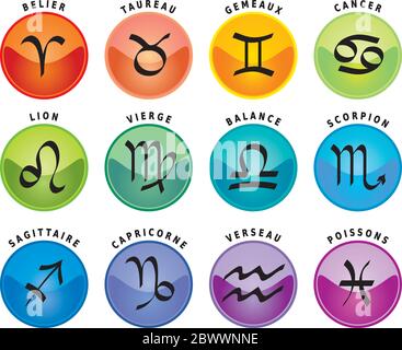 Segni zodiacali, dodici icone astrologiche con nomi in francese Illustrazione Vettoriale