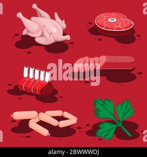 set di alimenti a base di cartone animato carne salsiccia costolette di pollo salsiccia, filetto e foglia di prezzemolo isolato su uno sfondo rosso. Immagine vettoriale Illustrazione Vettoriale