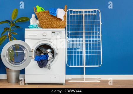 Lavanderia interna con lavatrice e asciugatrice vicino alle pareti Foto Stock