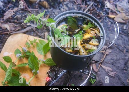 cucinare il tè sopra un fuoco, tè con limone e menta Foto Stock