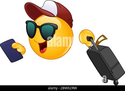 Urlando l'emoticon del viaggiatore dell'aria tenendo il suo passaporto e trascinando una valigia Illustrazione Vettoriale