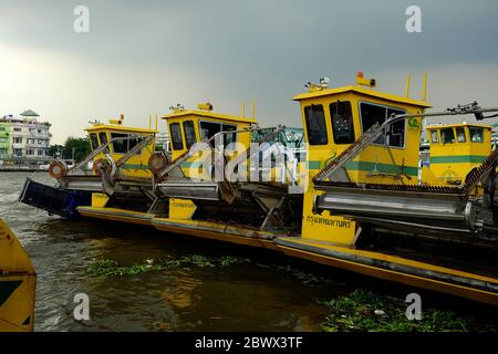 BANGKOK, THAILANDIA - 04 OTTOBRE 2019: Raccoglitrice di alghe acquatiche nel fiume Chao Phraya. Thai Royal Irrigation Department utilizzare per cancellare i giacinti d'acqua fr Foto Stock