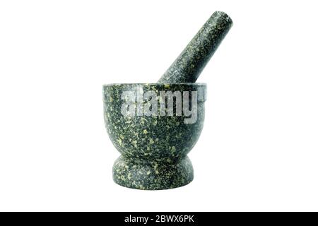 Mortaio e pestello isolati su sfondo bianco. Foto Stock