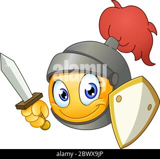 Cavaliere emoticon che tiene una spada e uno scudo Illustrazione Vettoriale