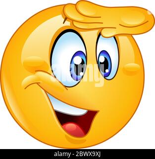 Emoticon felice guardando via con la mano sulla fronte Illustrazione Vettoriale