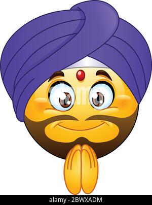 Emoticon maschile indiano tradizionale con un tikka rosso sulla fronte con un turbano viola e facendo un gesto Namaste Illustrazione Vettoriale