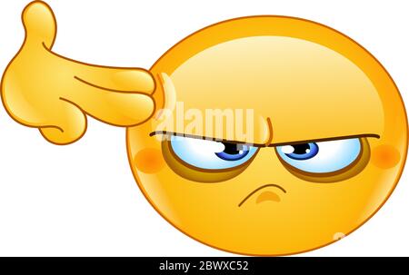 Emoticon depresso che fa un gesto suicida con la pistola a dito Illustrazione Vettoriale