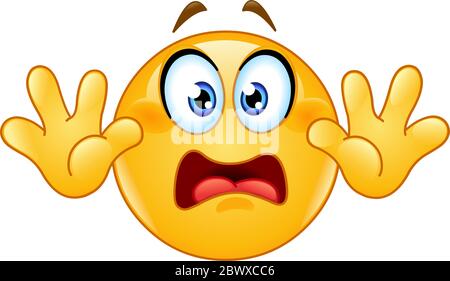 Emoticon con mani in su. Mostrare non sparare o arrendersi o arrestare il movimento della mano. Illustrazione Vettoriale