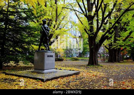 SAPPORO, GIAPPONE - 12 NOVEMBRE 2019: Parco pubblico in autunno di fronte all'ex edificio del governo di Hokkaido nella stagione autunnale dove è un f Foto Stock