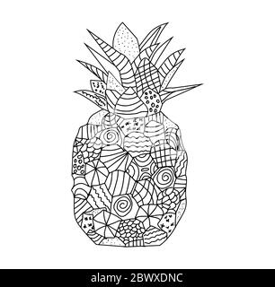 ananas intero con foglie con motivo geometrico in stile doodle su una pagina di colorazione sfondo bianco Illustrazione Vettoriale