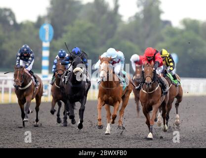 Sepahi (a destra) guidato da David Probert sulla strada per vincere l'handicap Unibet all'ippodromo di Kempton. Foto Stock