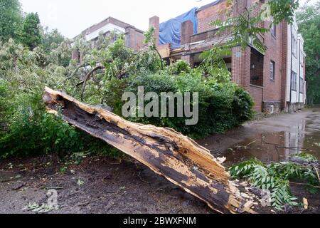 Philadelphia, Stati Uniti. 03 giugno 2020. Rami caduti si trovano a terra di fronte a un edificio di appartamenti recentemente danneggiato nel West Mount Airy quartiere, a Northwest Philadelphia, PA il 3 giugno 2020. Alberi sradicati e linee di utilità in discesa sono riportati come un sistema meteorologico severo si muove brevemente attraverso la regione. Credit: OOgImages/Alamy Live News Foto Stock