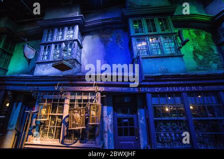 Scene interne al Diagon Alley al Harry Potter World Warner Bros Studio Tour Leavesden Watford, Regno Unito, Harry Potter, tour dello studio, backstage, oggetti, Foto Stock