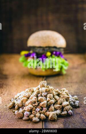 soia e grani di proteina usati per fare hamburger vegan. Fuoco di macchia, concetto di vita sana e vegetariana. Foto Stock