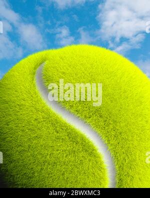 Primo piano palla da tennis, sfondi cielo, percorso a forma di yin yang s attraverso una foresta. Pianeta. Foto Stock