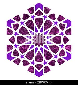 Illustrazione del mandala rotonda e decorativa araba. Elemento geometrico a trama, arredamento. Emblema o segno isolato su sfondo bianco Foto Stock