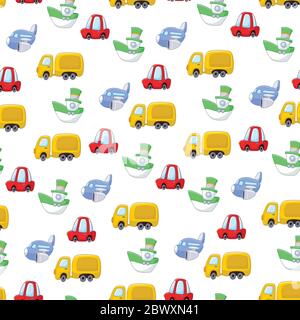 Modello senza giunture per il trasporto di cartoni animati. Aereo, camion, nave e auto. Illustrazione Vettoriale