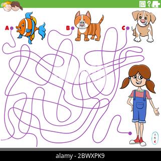 Illustrazione di Cartoon di linee gioco di Puzzle labirinto con ragazza comica e animali domestici Illustrazione Vettoriale