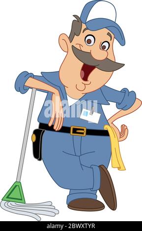 Un gianitore sorridente appoggiato su una mop Illustrazione Vettoriale