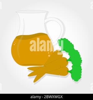 Succo di carota. Vasetto con succo e tre carote sul lato. Illustrazione Vettoriale