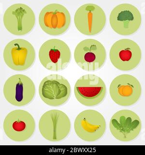 Sedici icone circolari di frutta e verdura: Sedano, zucca, carote, broccoli, peperone, barbabietole, mele, melanzane, cavolo, acqua Illustrazione Vettoriale