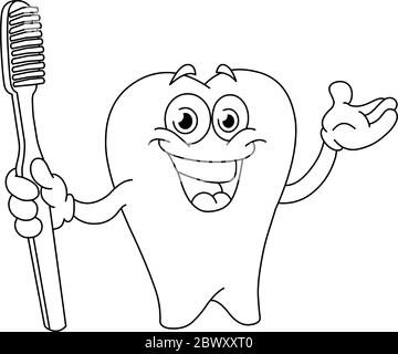 Dente cartoon delineato che tiene uno spazzolino. Pagina di colorazione dell'illustrazione vettoriale. Illustrazione Vettoriale