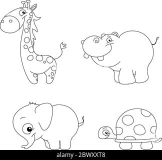 Insieme di animali carini delineati: giraffe, ippopotamo, elefante e tartaruga Illustrazione Vettoriale