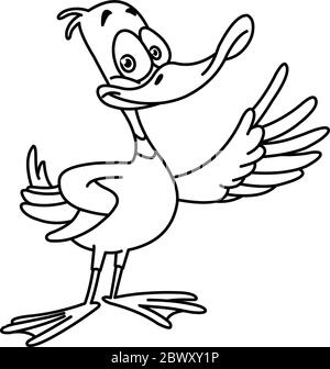 Disegnata anatra cartone animato presentandosi con la sua ala. Pagina di colorazione dell'illustrazione grafica vettoriale. Illustrazione Vettoriale