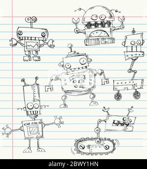 Robot doodles su un notebook carta Illustrazione Vettoriale