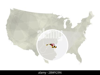 Mappa astratta poligonale degli Stati Uniti con stato ingrandito del Maryland. Mappa e bandiera del Maryland. MAPPA vettoriale DEGLI STATI UNITI e del Maryland. Illustrazione vettoriale. Illustrazione Vettoriale