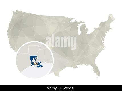 Mappa astratta poligonale degli Stati Uniti con stato ingrandito della Louisiana. Mappa e bandiera della Louisiana. Mappa vettoriale USA e Louisiana. Illustrazione vettoriale. Illustrazione Vettoriale