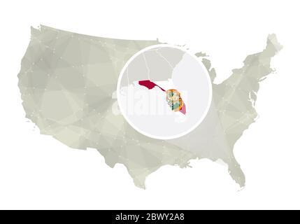 Mappa astratta poligonale degli Stati Uniti con stato ingrandito della Florida. Mappa e bandiera dello stato della Florida. Mappa vettoriale USA e Florida. Illustrazione vettoriale. Illustrazione Vettoriale