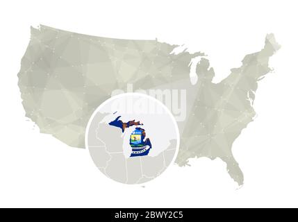 Mappa astratta poligonale degli Stati Uniti con stato ingrandito del Michigan. Mappa e bandiera dello stato del Michigan. MAPPA vettoriale DEGLI STATI UNITI e del Michigan. Illustrazione vettoriale. Illustrazione Vettoriale