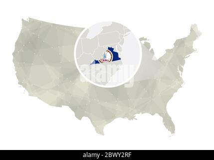 Mappa astratta poligonale degli Stati Uniti con stato della Virginia ingrandito. Mappa e bandiera dello stato della Virginia. MAPPA vettoriale USA e Virginia. Illustrazione vettoriale. Illustrazione Vettoriale