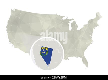 Mappa astratta poligonale degli Stati Uniti con stato del Nevada ingrandito. Mappa e bandiera dello stato del Nevada. MAPPA vettoriale DI STATI UNITI e Nevada. Illustrazione vettoriale. Illustrazione Vettoriale