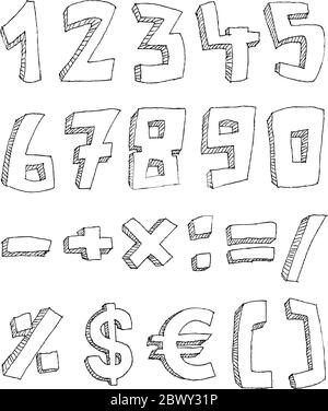Numeri disegnati a mano vettoriali e segni matematici Illustrazione Vettoriale