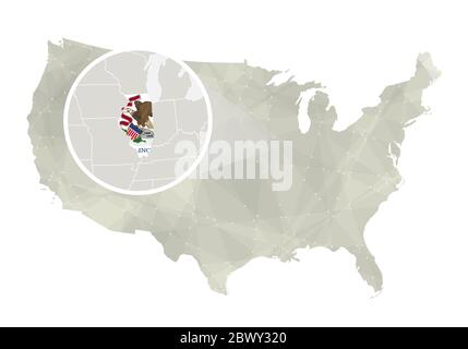Mappa astratta poligonale degli Stati Uniti con stato ingrandito dell'Illinois. Mappa e bandiera dello stato dell'Illinois. Mappa vettoriale DEGLI STATI UNITI e dell'Illinois. Illustrazione vettoriale. Illustrazione Vettoriale