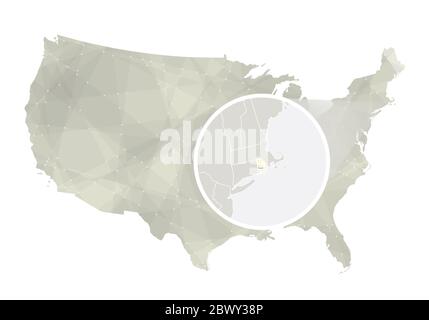 Mappa astratta poligonale degli Stati Uniti con stato ingrandito del Rhode Island. Mappa e bandiera dello stato del Rhode Island. MAPPA vettoriale DI STATI UNITI e Rhode Island. Illustrazione vettoriale. Illustrazione Vettoriale