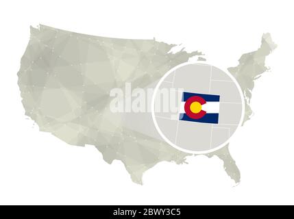 Mappa astratta poligonale degli Stati Uniti con stato del Colorado ingrandito. Mappa e bandiera dello stato del Colorado. Mappa vettoriale DI STATI UNITI e Colorado. Illustrazione vettoriale. Illustrazione Vettoriale