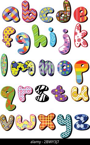 Set di lettere minuscole con motivi colorati Illustrazione Vettoriale