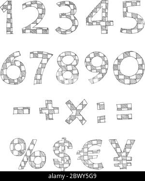 Numeri a scacchi scritti a mano e segni matematici Illustrazione Vettoriale