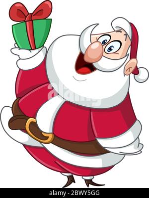 Felice Santa clausola Fat che porta una piccola scatola regalo di Natale Illustrazione Vettoriale