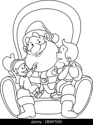 Illustrazione delineata dei bambini seduti sul giro di Santa. Pagina da colorare. Illustrazione Vettoriale