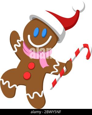 Felice uomo pan di zenzero di Natale che indossa il cappello di santa e che tiene una canna caramella Illustrazione Vettoriale