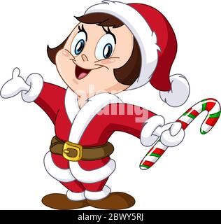 Ragazza piccola felice in un costume di Babbo Natale che tiene una canna caramella Illustrazione Vettoriale