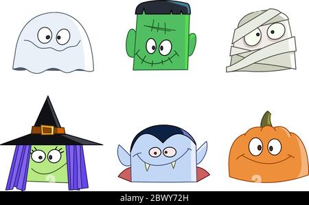 Set di volti di Halloween. Fantasma, mostro verde, mummia, strega, vampiro e zucca Illustrazione Vettoriale