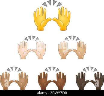 Alzando le mani nel set di emoji aria di varie tonalità della pelle. Festeggiamo il successo o un altro evento. Illustrazione Vettoriale