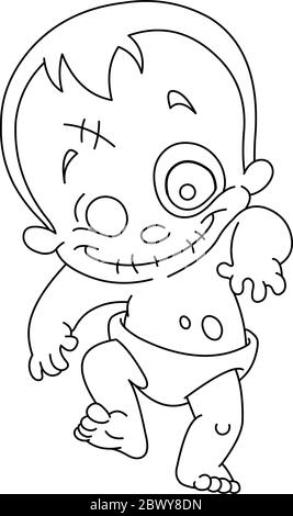 Delineato felice zombie bambino. Pagina di colorazione dell'illustrazione grafica vettoriale. Illustrazione Vettoriale
